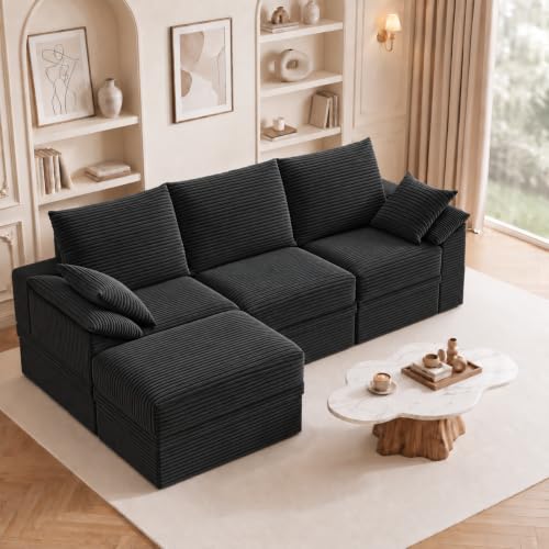 107" Modular Sectional Sofa Boneless Couch with Storage, L-Shape 3 Seat Comfy Modern Cloud Couch Sofa with Ottoman, 27" Deep Seat Corduroy Sofa for Living Room, Tool-Free Assembly - Dark Grey - image 1