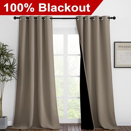 Image of NICETOWN 100% Blackout Blinds, Set of 2, 46 inches x 96 inches, Laundry Room Decor Window Treatment Curtains for Large Patio Sliding Door, Thermal Insulated Taupe Curtains for Bedroom