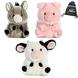 Aurora 5' Plush Rolly Pets Farmyard Plushie 3 Pack: Prankster Pig, Daisy Cow, and Bray Donkey, with Drawstring Bag