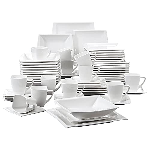 MALACASA serie Blance 60 PCS Vajillas de Porcelana Servicio de Cena con 12 Tazas de café, Platillos, Platos de Postre…