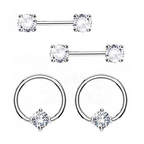 MoBody 2 Pairs Prong Set Nipple Ring and Barbell Set Surgical Steel Nose Septum Captive Bead Piercing Hoop Value Pack 14G (1.6mm) (Clear CZ)