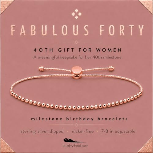 Product Image of the Lucky Feather Gifts for 40 Year Old Woman - 14k Gold Dipped Fabulous Forty Milestone Bracelet, Meaningful 40th Birthday Present for Best Friend, Wife or Sister (Adjustable 7-8" Cord Fit)