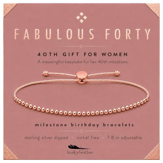 Lucky Feather 40th Birthday Gifts for Women, 14K Rose Gold Dipped Beads Bracelet on Adjustable 7"- 8" Cord - Perfect 40th Birthday Gift Ideas for Her (rose-gold-plated-base)