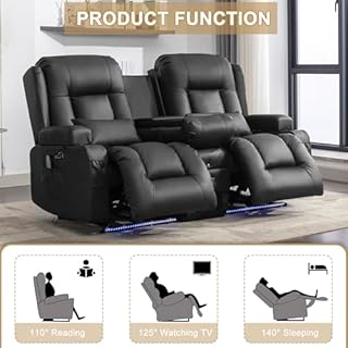 URRED Power Loveseat Recliner Sofa with Massage and Heat, Wall Hugger Reclining Loveseat with Console, RV Couch Home Theater Seating with LED Lights for Living Room (Black, 67" - 2 Seats)