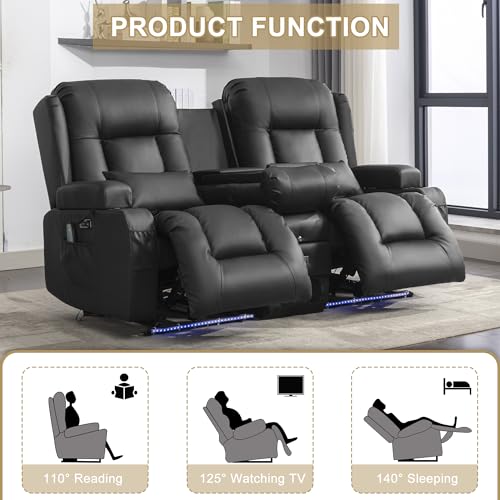 Image of URRED Power Loveseat Recliner Sofa with Massage and Heat, Wall Hugger Reclining Loveseat with Console, RV Couch Home Theater Seating with LED Lights for Living Room (Black, 67 inch - 2 Seats)