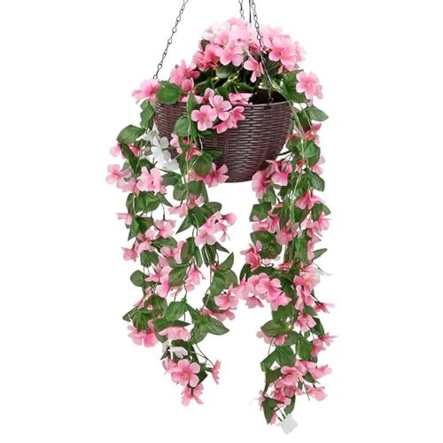 Taylor & Brown Solar Powered Artificial Floral Outdoor Hanging Basket With 80 LEDs Brown Rattan Effect Planter for Patio Lawn Garden Landscape Décor with Chain