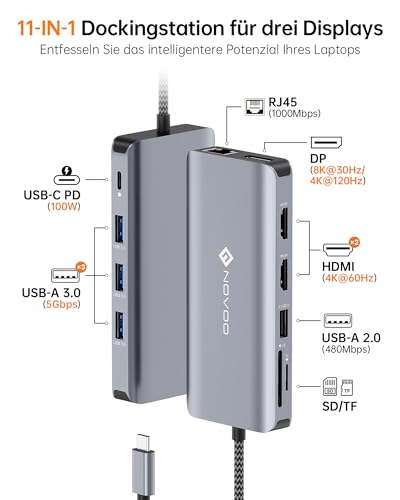 NOVOO 11 in 1 Docking Station 4K@60Hz Triple Display USB C Hub Dual HDMI mit 4K@120Hz DisplayPort Multiport Adapter, 2 HDMI 4K@60Hz… – Ansicht 2