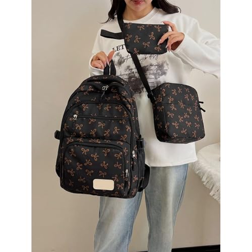 Bow Backpack for Girls, Nylon Bow Backpack Cute Kawaii Backpack 3Pcs Set with Crossbody Bag and Pouch (Rose red)4