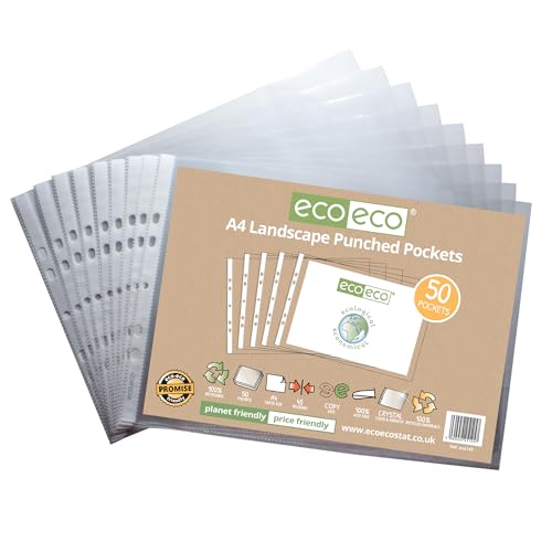 eco-eco A4 100% Recycled Landscape Multi Punched Pockets Glass Clear, Transparent Poly Wallet Sheet Protector, 45 Microns (10 Packs of 50), eco145x10 - Image 4