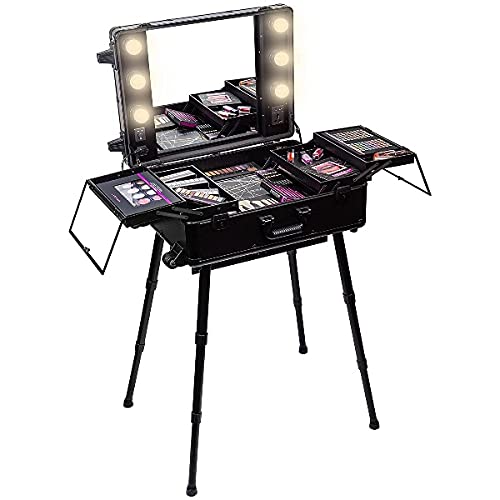 Image of Adson Rolling Makeup Trolley Makeup Box Case Train Vanity Case Storage Hairdressing Organiser for Salon, Artist Aluminum Cosmetic Storage Organizer with Light and Mirror (Black) 43.2 x 25.4 x 62.5 cm