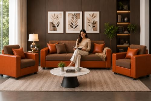 Image of 3+1+1 Sofa Set | 3 Seater Sofa with Two Single Seater Chairs | Premium Fabric & Leatherette Upholstery | Soft Foam Cushions | for Home & Office | Pre-Assembled (Brown and Tan)