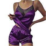 Plus Size Pajama Set for Women Silk Satin Pj Sets Mesh Sheer Dot Cami Top & Shorts Set Adjustable Sleepwear Loungewear Purple