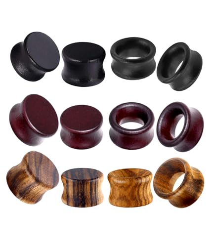 TIANCI FBYJS 12pcs Vintage Natural Brown Black Wood Organic Ear Tunnel Plugs Stretcher Gauges for Men and Women Hollow Solid Wooden Gauges For Ear