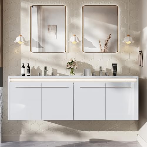 AMERLIFE 60" LED Floating Bathroom Double Vanity with Sink Combo, Modern High Gloss Wall Mounted Bathroom Storage Cabinet with 3 Hole Sink & & Metal Handles & Soft Closing Doors, White