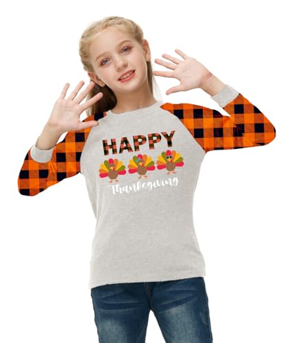 Image of Remimi Girls Thanksgiving Shirts Buffalo Plaid Raglan Tee Cute Turkey Holiday Party Long Sleeve Tshirt 5-14 Years