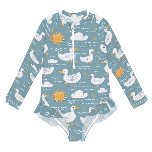 Duck and Cloud and Sun Girls Long Sleeve Swimsuit Rash Guard One Piece Bathing Suits Zipper 3-12T