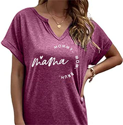 Womens Mom Shirts Mama Mommy Mom Bruh Letter Print T Shirt Funny Sarcasm Mama Tees Mothers Day V-Neck Short Sleeve Mom Tops #TOP1