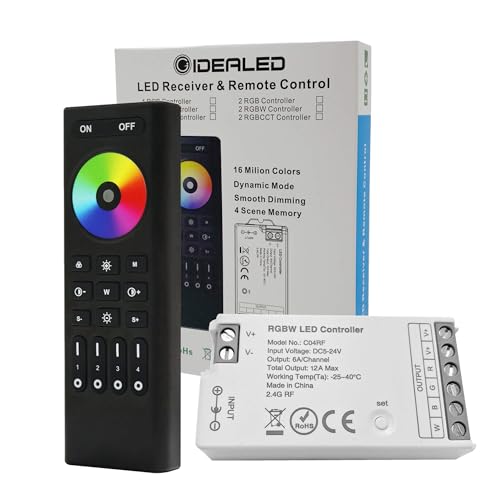GIDEALED RGBW LED Controller with 4 Zones RF 2.4GHz Wireless Remote Control,4 Channel RGBW LED Strip Controller for FCOB COB RGB RGBW LED Strip Light Dimming & Color Changing DC5V~24V