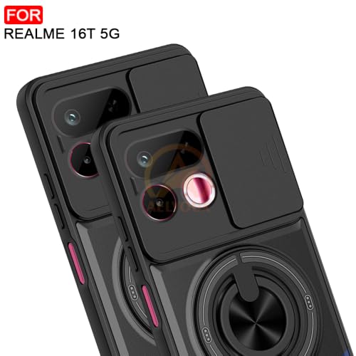 Image of Realme 16T 5G Back Cover | Armor Camera Slider 360 Degree Rotating Finger Ring Holder Case with Bracket Stand Back Case Cover (Compatible with MagSafe Accessories) (Black)
