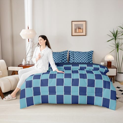Image of Erosebridal 7 Piece Blue Boys Comforter Sets Navy Blue Teen Boy Bedding Set King,Geometric Checkered Plaid Bed in A Bag with Sheets for Kids Men,Grids Gingham Bed Set with Cushion Covers