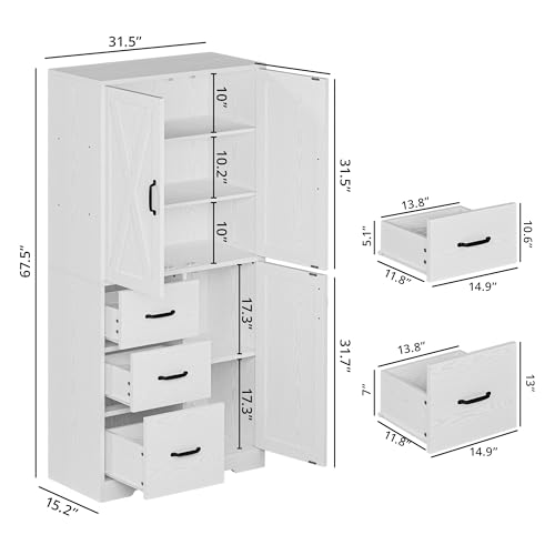 IRONCK Pantry Cabinet, 67.5 inch Tall Storage Cabinet with 3 Doors & Drawers, Farmhouse Kitchen Cabinet with Adjustable Shelves, 5 Tier Freestanding Cupboard for Kitchen - Image 3