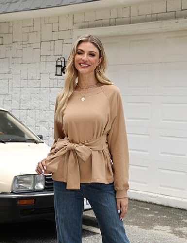 Zhiyouni Women's Long Sleeves Shirt Tops Casual 2025 Fall Fashion Crewneck Tie Knot Sweatshirt Pullover2