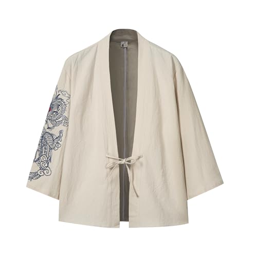 Image of Mens Japanese Kimono Cardigan Cotton Linen Haori Fashion 3 /4 Sleeve Yukata | Shawl Collar Kimono Jacket Robe Embroidery Patchwork Happi Coat Tie Pockets Lightweight Outerwear Daily Casual All Seasons