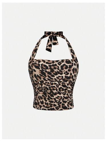 Image of SOLY HUX Girl's 2 Piece Halter Tank Top Leopard Print Ruched Tie Backless Sleeveless Y2k Tops