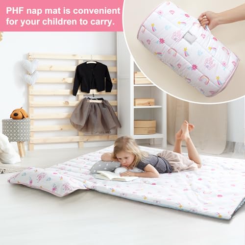 Image of PHF Soft Toddler Nap Mat with Removable Pillow, Rollup Design Kids Sleeping Mat, Slumber Bags for Girls, 50 inchx20 inch Toddler Sleeping Bag for Daycare Preschool Travel Camping, Castle