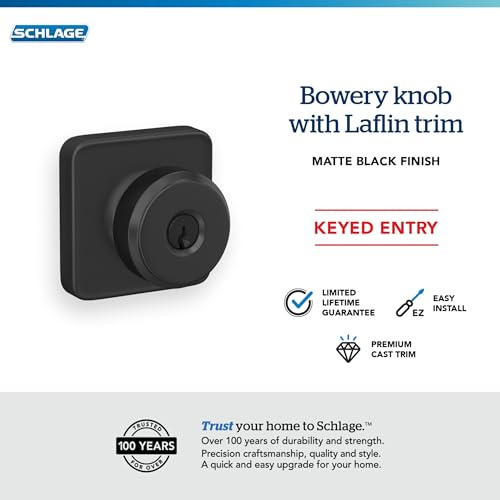 Image of Schlage F51A BWE 622 LFL Bowery Door Knob with Laflin Trim, Keyed Entry Lock, Matte Black