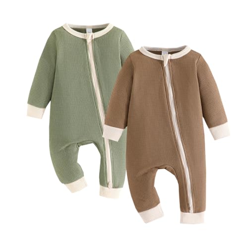 Image of Bafeicao Unisex Baby Boy Girl 2/3 Pack Rompers Long Sleeve 2 Way Zipper One Piece Jumpsuits Clothes Sets