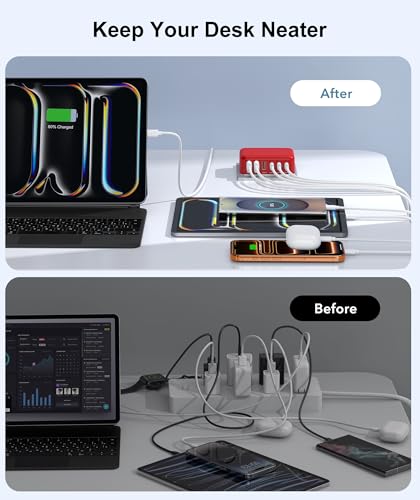 Image of Fast Charger Block, GaN 6 Port USB C Charging Station Hub Cube, 100W Multiport Type C Wall Charger Power Strip Plug with PD 3.0+QC for iPhone 16 15 14 13 12 1 Pro Max XR XS 8 7, Samsung, iPad, Table