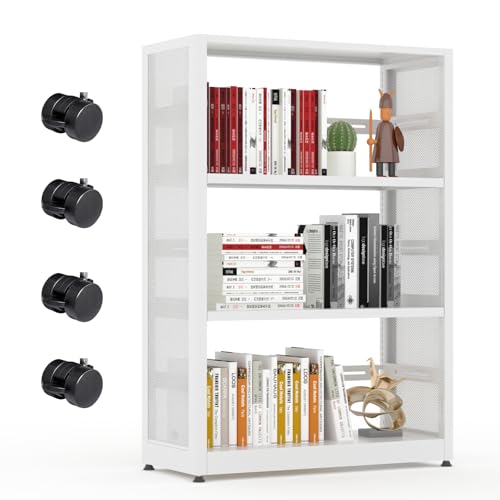 Metal Storage Shelves with Wheels and Adjustable Feet,3 Tier Bookshelf with Storage,Bookshelf with Storage,White Bookcase with 2 Adjustable Shelves,Of