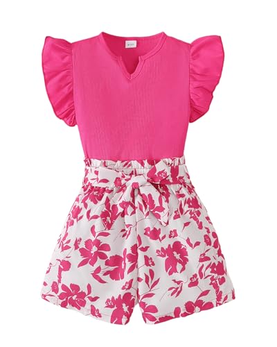 YOURUIKEY Teen Girl Clothes 2 Pieces Ruffle Top And Belt High Waist Short Sets Girls Summer Hawaiian Outfits Size 11 12 Rose Red Clothes For Girls 10-12