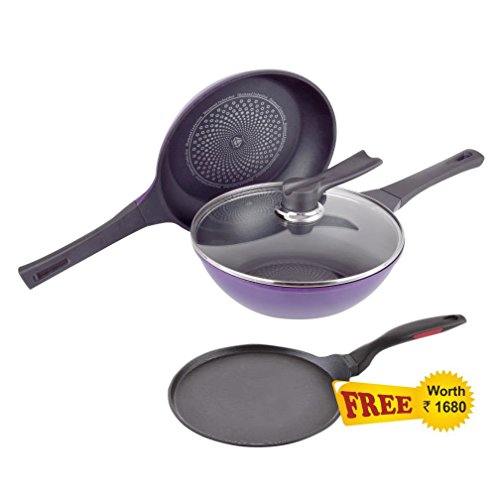 Wonderchef Induction Diamond Pan Set with Free Dosa Tawa, 25cm, 3-Pieces, Black and Purple