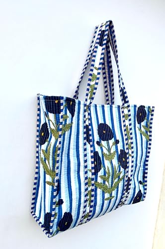 Image of Quilted Cotton Handprinted Reversible Large multicolor Floral Tote Bag,Hand Block Print Shopping Shoulder Carry Bag