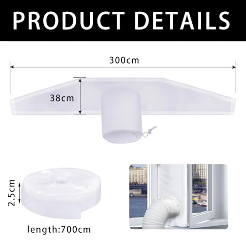 Fensterabdichtung für Mobile Klimaanlage 300cm mit Klettband, Fensterabdichtung Abluftschlauch Klimagerät ohne Bohren, Fensterdichtungen Klimaanlage, Klimaanlage Abdichtung für Fenster