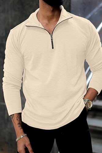 Image of KAJARU Men's Quarter Zip Pullover T-Shirt, Textured Ribbed Long Sleeve, Casual Mock Neck