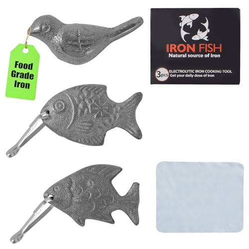 Jekasy 3Pcs Iron Fish with Hooks & Dry Cloth Natural Iron Deficiency Supplement for Cooking Reusable Anemia Relief for Vegans Athletes Pregnant Women 5+ Years Use and Health Gift