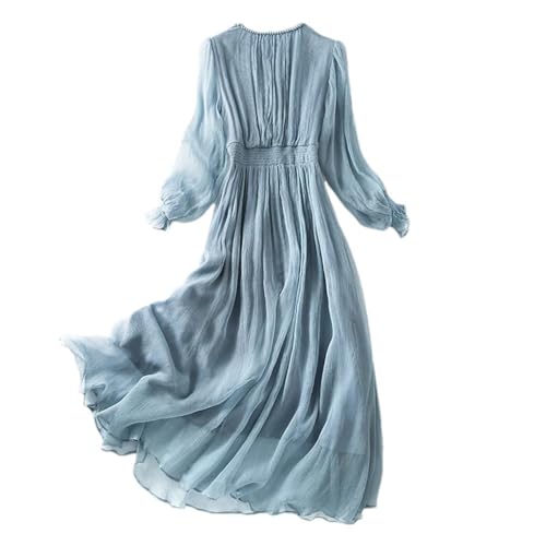 Women Mulberry Silk Dresses V-Neck Long Sleeve Elegant Dress Solid Party Wedding Guest
