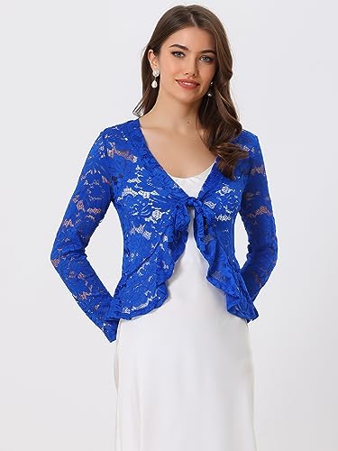 Image of Allegra K Bolero Shrug for Women's Lace Cardigan Tie Front Crop Ruffled Formal Dressy Wedding Shrugs