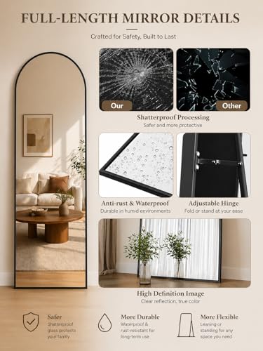Image of Full Length Mirror, 58.5 inchx18 inch Arched Floor Mirror Freestanding, Floor Standing Full Body Mirror with Stand for Bedroom, Hanging Mounted for Living Room Cloakroom (Black, 58.5 inch L x 18 inch W)