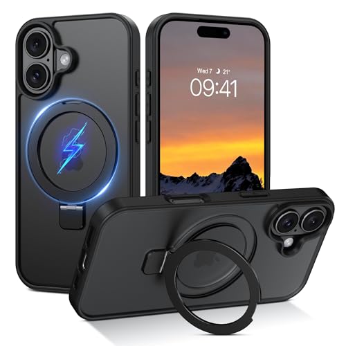 Image of DOMAVER Magnetic for iPhone 17 Case [Compatible with MagSafe] with Ring Holder Stand, Matte Translucent Slim Shockproof Protective Phone Case for iPhone 17 Pro 6.3 Inch, Black