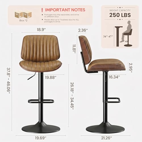 Image of MALOL Bar Stools Set of 4, Adjustable Counter Height Bar Chairs 26 inch-34.5 inch with Swivel & Footrest, Modern Faux Leather Barstools for Kitchen Island, Dining Room,Pub,Brown