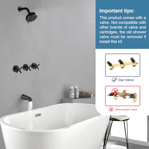 Image of 3 Handles Shower Faucet Set with Tub Spout Bathtub Shower Faucets Combo Set Shower System Complete Tub and Shower Trim Kit Shower Fixtures Matte Black