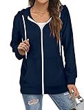 Thin Zip Up Hoodie Women Lightweight Hoody Jacket Long Sleeve Zippper Tops Navy Blue XL
