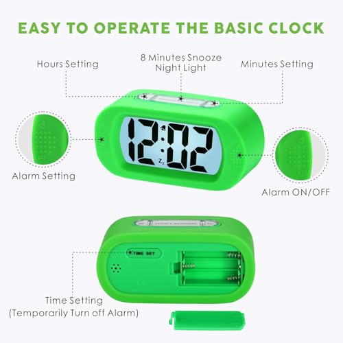 Image of Plumeet Kids Alarm Clock Large Digital LCD Travel Alarm Clocks with Snooze and Night Light - Ascending Sound and Handheld Size - Best Gift for Kids (Green)