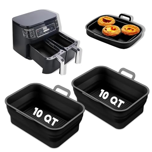 Vangerute Collapsible 2-Pack Air Fryer Silicone Liners for 10QT NINJA Foodi Dual, Reusable Rectangular Silicone Basket Pot for Air Fryer Accessories (Black)