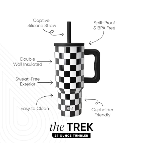 Image of Simple Modern Kids 24 oz Tumbler with Handle and Silicone Straw Lid | Spill Proof and Leak Resistant | Stainless Steel Bottle | Gift for Kids Boys Girls | Trek Collection | Black and White Checkmate