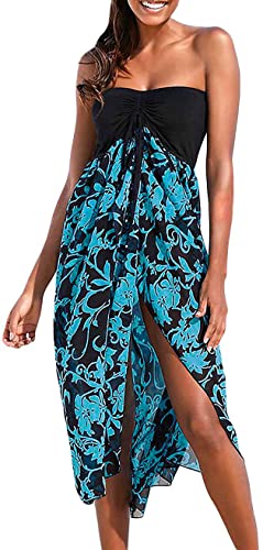 Image of Women's Beach Wrap Dress Summer Maxi Sundresses Sleeveless Strapless Vocation Cover Ups Dresses (Lakeblue, 3XL)